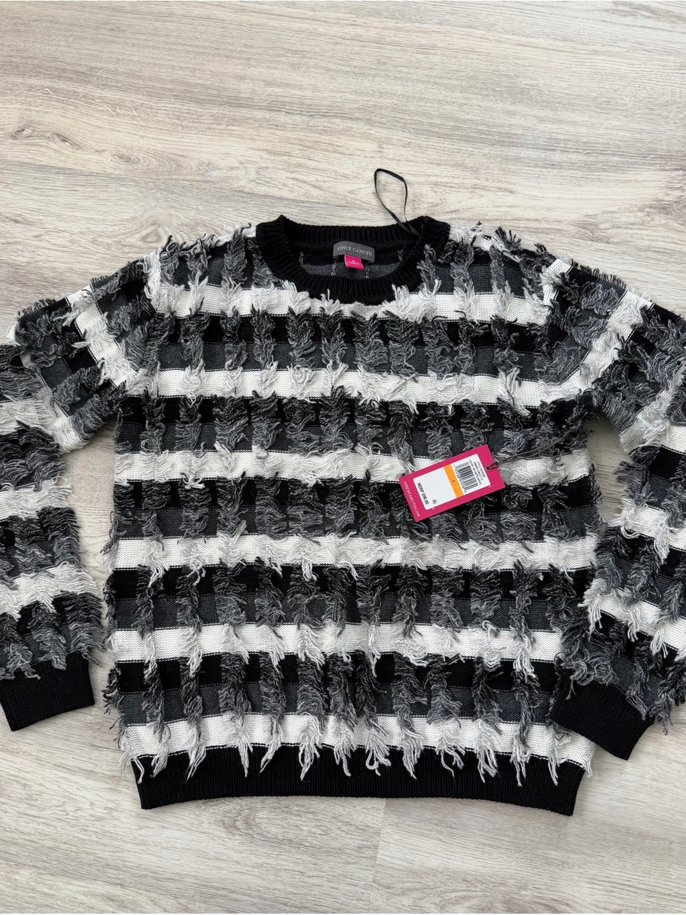 Vince Camuto Black & White Fringe Knit Sweater